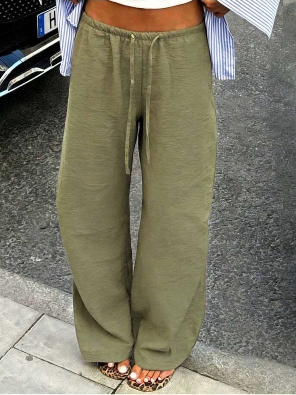Women's Green Wide-Leg Drawstring Pants